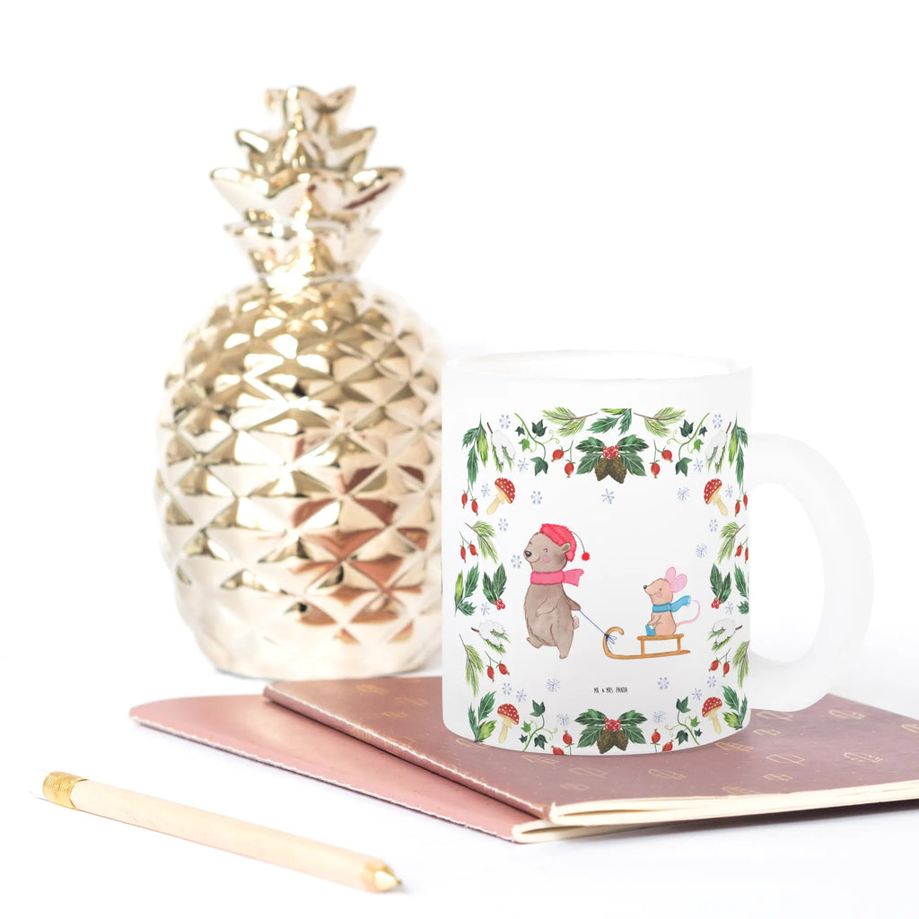 Glass tea cup bear and mouse Sleds tea glass, glass, Tea cup, mug, tea, Winter, Christmas, Christmas time, snow