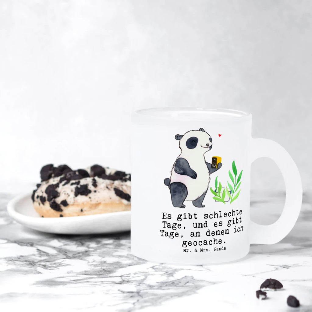 Glass tea cup panda geocaching glass, Tea cup, tea glass, tea, mug, Gift, sport, hobby, giving, thank you, award, profit, athlete, Geocaching, open caching, treasure hunts, GPS scavenger hunts