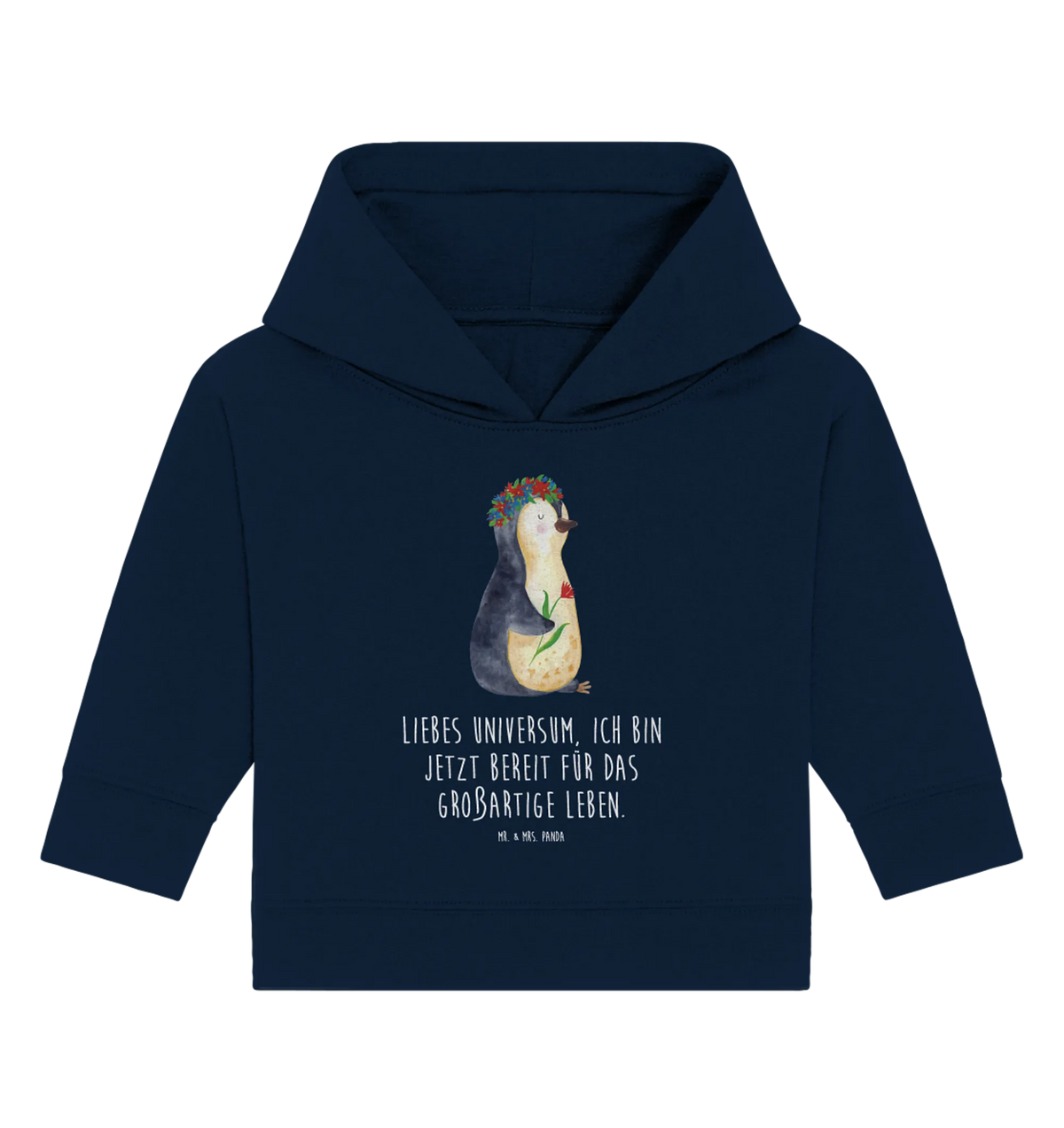 Organiczna bluza z kapturem dla niemowląt pingwin kwiaty Baby Hoodie, Baby Kapuzensweatshirt, Baby Kapuzenshirt, Pinguin, Lebenslust, Liebeskummer, Motivation, Wünsche, Leben, Geschenkidee, Ziele, Lebensziele, Blumenkranz, Universum, Pinguine