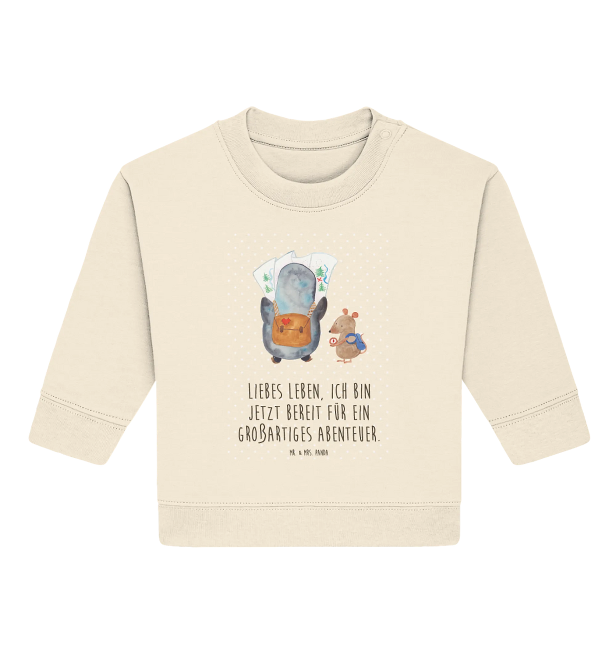 Organiczny sweter dla niemowląt Pingwin i Mysz Wędrowcy Baby Bullover, Pinguin, Pinguine, Roadtrip, Abenteuer, Abenteurer, Wandern, Wanderlust, Ausflug
