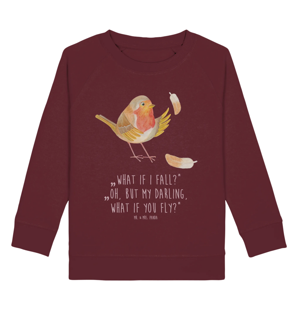 Organic Kinder Pullover Rotkehlchen mit Federn Kinder Pullover, Kinder Sweatshirt, Mädchen, Jungen, Tiermotive, Gute Laune, lustige Sprüche, Tiere, Spruch Mut, What if i fall, Motivation Sprüche, Spruch Motivation, Rotkehlchen, fliegen, Motivationsbilder, Vogel