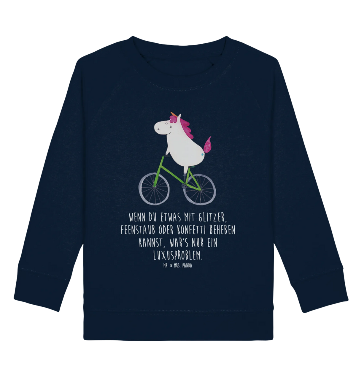 Organic Kinder Pullover Einhorn Radfahrer Kinder Sweatshirt, Kinder Pullover, Einhorn, Unicorn, Einhörner, Einhorn Deko, Liebeskummer, Feenstaub, Luxusproblem, Radfahren, Konfetti, Radfahrer, Bike, Rad, Kummer