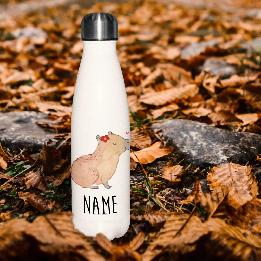 Personalised insulated bottle Capybara flower small animals, cute, funny, cute animal motives, hand drawn, small world, funny sayings, good mood, happy, gifts, gift ideas, special gifts, animal lover, card