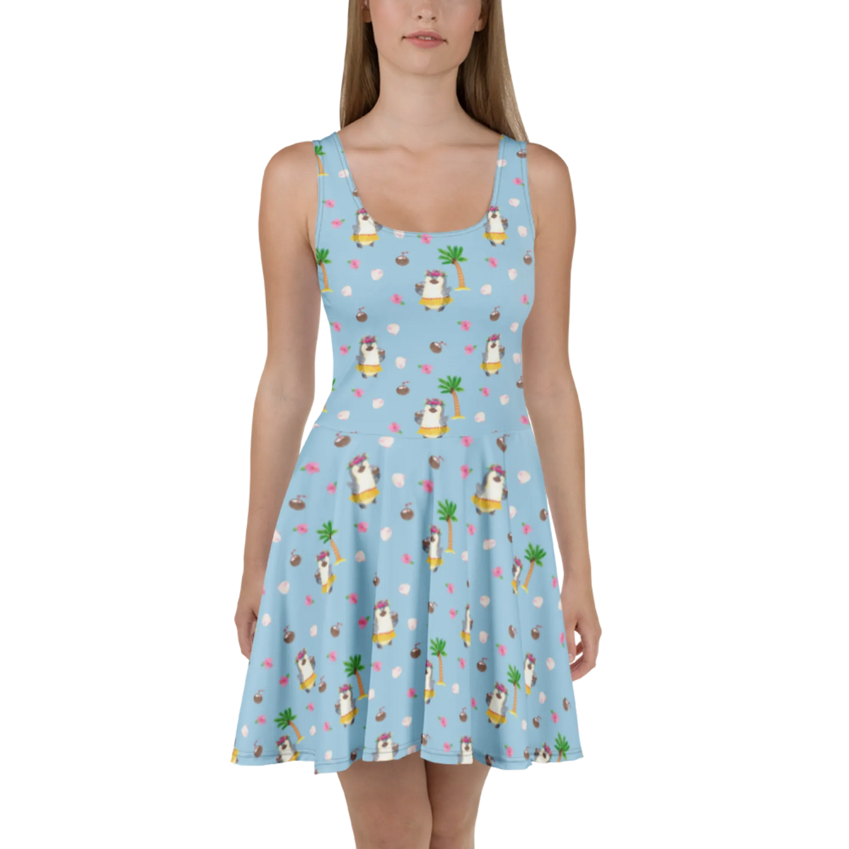 Sommerkleid Pinguin Kokosnuss Muster Ausgestelltes Kleid, Luftiges Sommerkleid, Kleid, Damenkleid, Swingkleid, Shirtkleid, Skaterkleid, Minikleid, Jerseykleid, Kurzes Sommerkleid, Kurzes Kleid, Urlaubskleid, Leichtes Sommerkleid, Stretchkleid, Strandkleid, A-Linien-Kleid, Damen-Sommerkleid, Sommerkleid, Freizeitkleid, Pinguin, Hawaii, Urlaub, Kokosnuss, Pinguine, Aloha