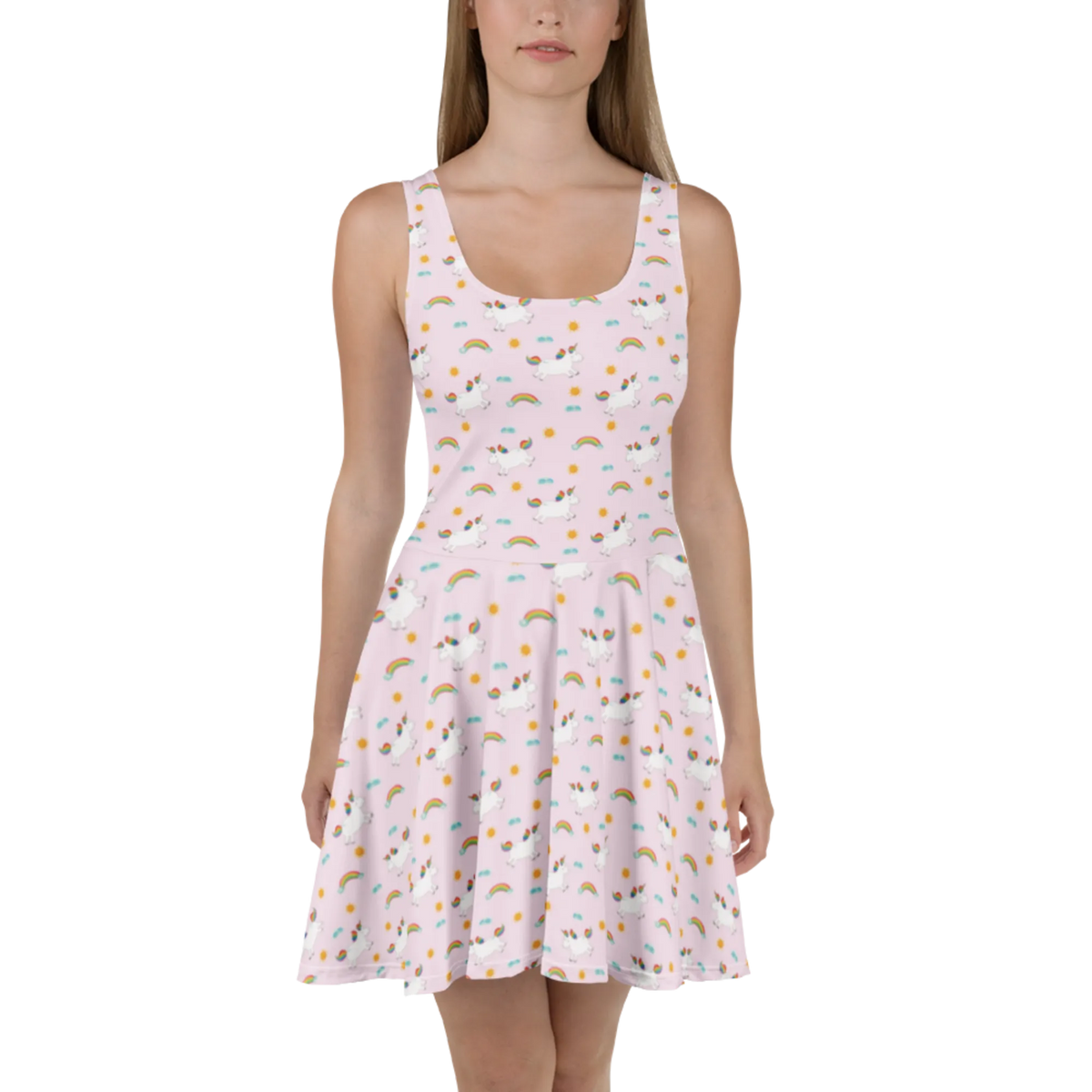 Sommerkleid Einhorn Happy Muster A-Linien-Kleid, Skaterkleid, Sommerkleid, Minikleid, Luftiges Sommerkleid, Damenkleid, Leichtes Sommerkleid, Stretchkleid, Swingkleid, Kleid, Freizeitkleid, Strandkleid, Jerseykleid, Urlaubskleid, Damen-Sommerkleid, Kurzes Sommerkleid, Kurzes Kleid, Ausgestelltes Kleid, Shirtkleid, Einhorn, Einhörner, Einhorn Deko, Unicorn, Freude, Lächeln, Spannend, Spaß, Witzig, Lebensfreude, Fröhlich, Lachen, glücklich