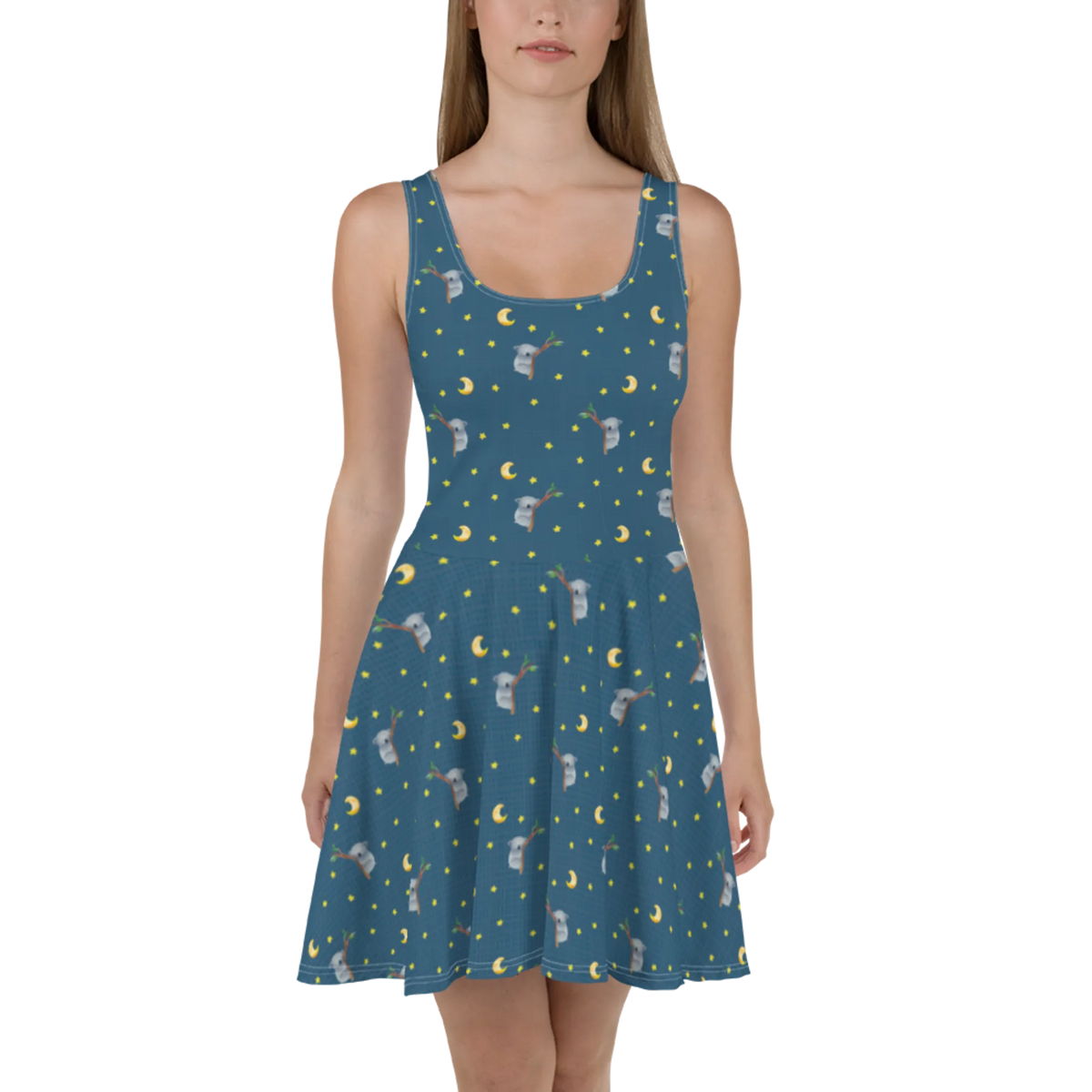 Sommerkleid Koalabär Muster Damenkleid, Skaterkleid, Sommerkleid, Freizeitkleid, Stretchkleid, Leichtes Sommerkleid, Kleid, Swingkleid, Urlaubskleid, Jerseykleid, Luftiges Sommerkleid, Ausgestelltes Kleid, Damen-Sommerkleid, Kurzes Kleid, Shirtkleid, Minikleid, Strandkleid, A-Linien-Kleid, Kurzes Sommerkleid, Tiere, Tiermotive, Lustige Sprüche, Gute Laune, schlafen, Koala, Koalabär, Schlafzimmer, Träumen, Bär, Traumland, Traum