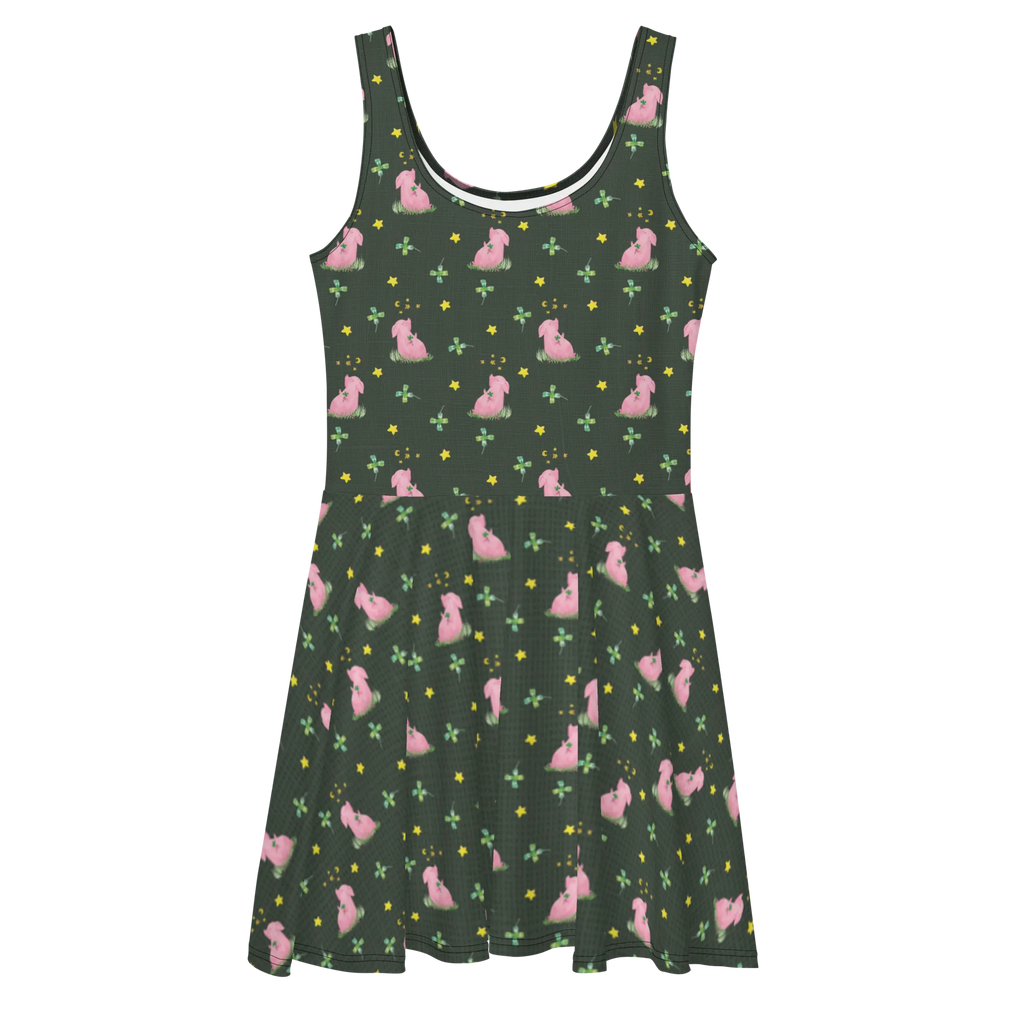 Sommerkleid Schwein Glück Muster Skaterkleid, Kleid, Sommerkleid, Tiere, Tiermotive, Lustige Sprüche, Gute Laune, Glücksbringer, Sernchen, Träume, Schweinchen, Schwein, Motivation, Sterne, Glücksschwein. Glück, Ziele