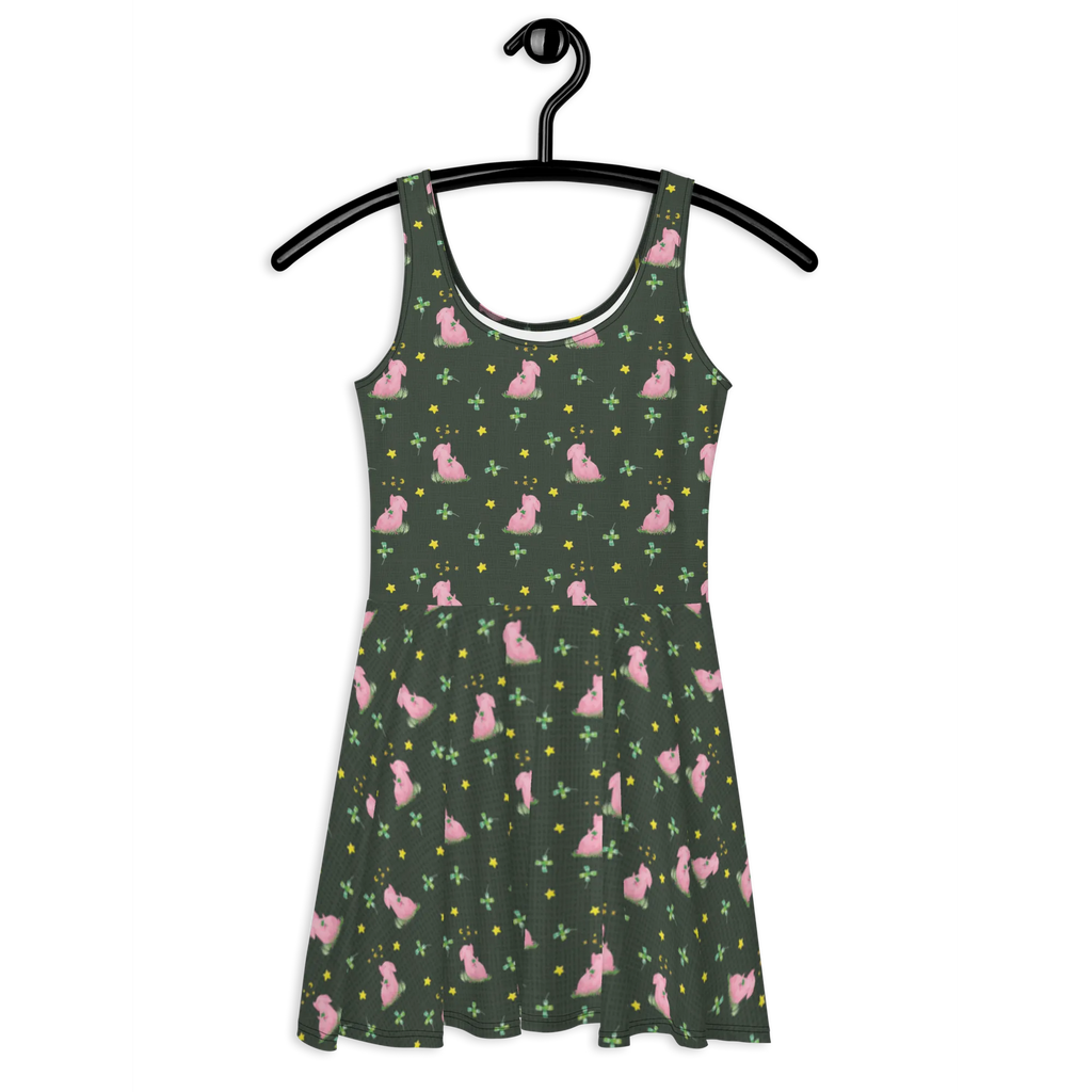 Sommerkleid Schwein Glück Muster Skaterkleid, Kleid, Sommerkleid, Tiere, Tiermotive, Lustige Sprüche, Gute Laune, Glücksbringer, Sernchen, Träume, Schweinchen, Schwein, Motivation, Sterne, Glücksschwein. Glück, Ziele