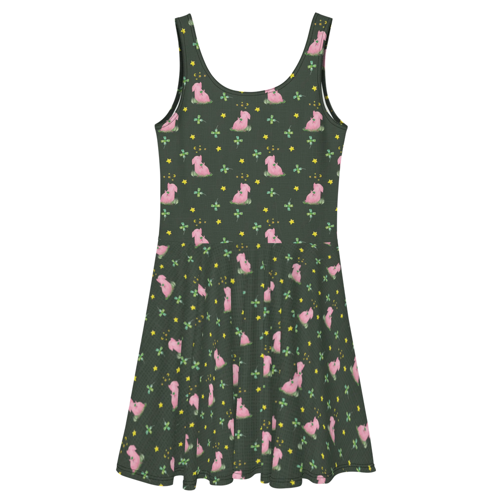 Sommerkleid Schwein Glück Muster Skaterkleid, Kleid, Sommerkleid, Tiere, Tiermotive, Lustige Sprüche, Gute Laune, Glücksbringer, Sernchen, Träume, Schweinchen, Schwein, Motivation, Sterne, Glücksschwein. Glück, Ziele