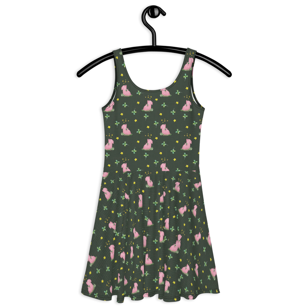 Sommerkleid Schwein Glück Muster Skaterkleid, Kleid, Sommerkleid, Tiere, Tiermotive, Lustige Sprüche, Gute Laune, Glücksbringer, Sernchen, Träume, Schweinchen, Schwein, Motivation, Sterne, Glücksschwein. Glück, Ziele