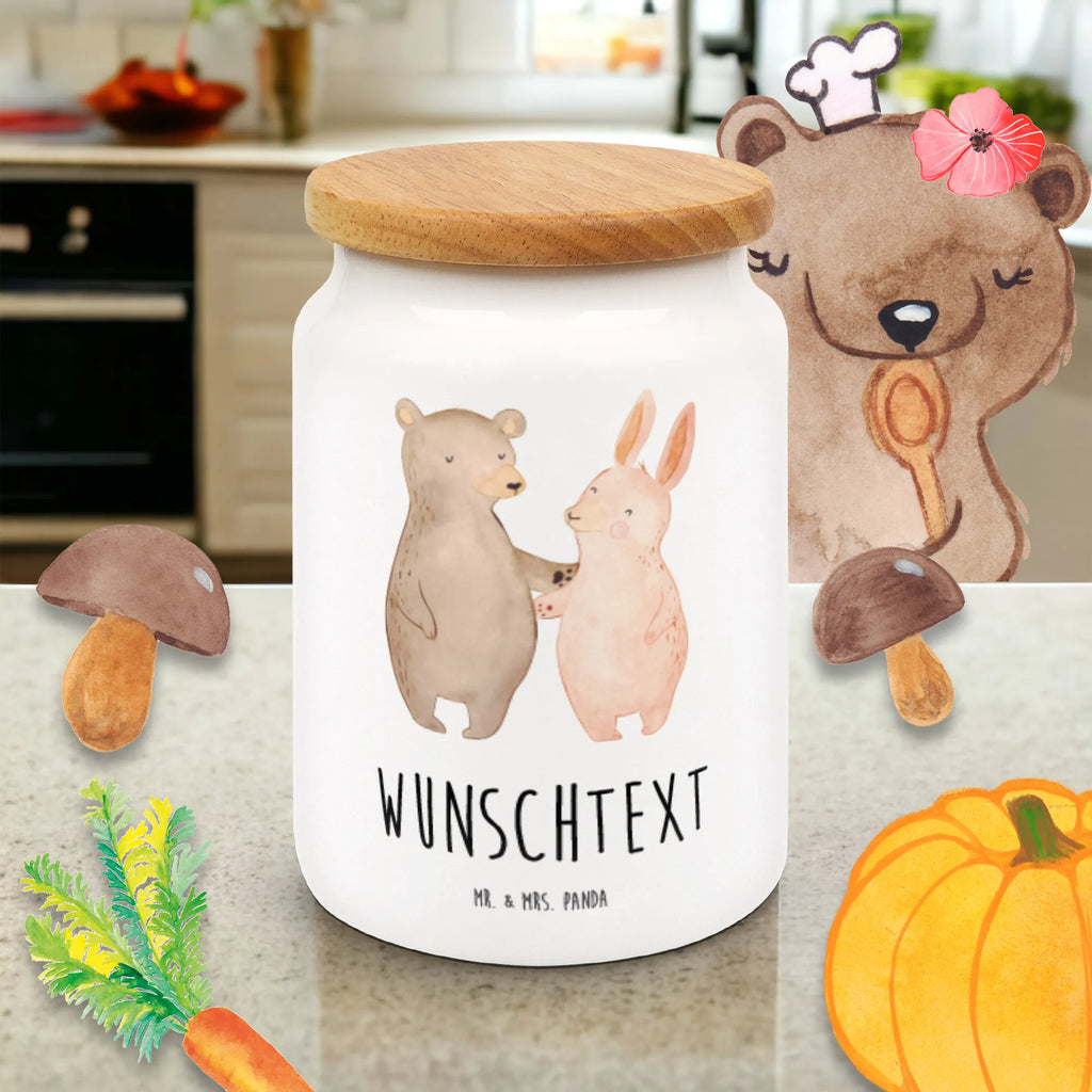 Personalized Storage Jar bear and rabbit Embrace personalized treat jar, personalized canister, engraved kitchen jar, personalized storage jar, monogrammed food storage, personalized cookie jar, custom treat canister, personalized storage container, custom pantry container, personalized cookie tin, personalized ceramic jar, Love, Loving, Two, Together, Marriage, Engagement, Proposal of marriage, Love gift, gift for her, gift for him, anniversary gift, friends, rabbit, best friends, bear, best friend