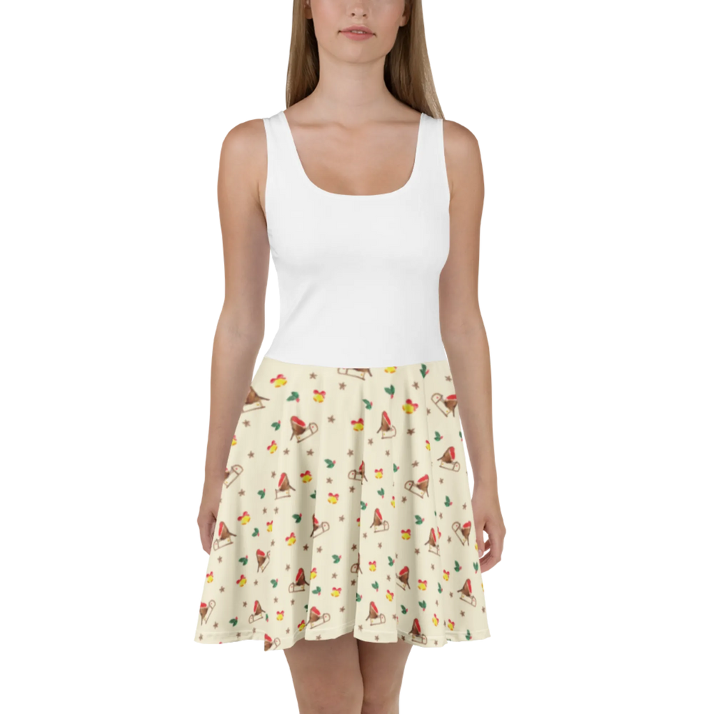 Sommerkleid Rotkehlchen Schlitten Muster Kleid, Skaterkleid, Sommerkleid, Winter, Weihnachten, Weihnachtsdeko, Nikolaus, Advent, Heiligabend, Wintermotiv, Schlitten, Vogel