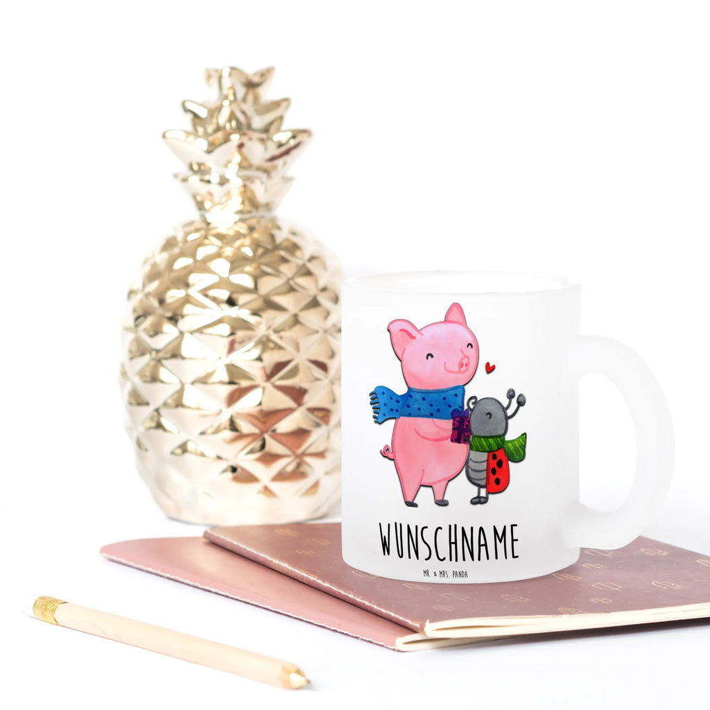 Personalized Tea Cup Glow Pig Snuggle Winter, Christmas, Christmas time, snow