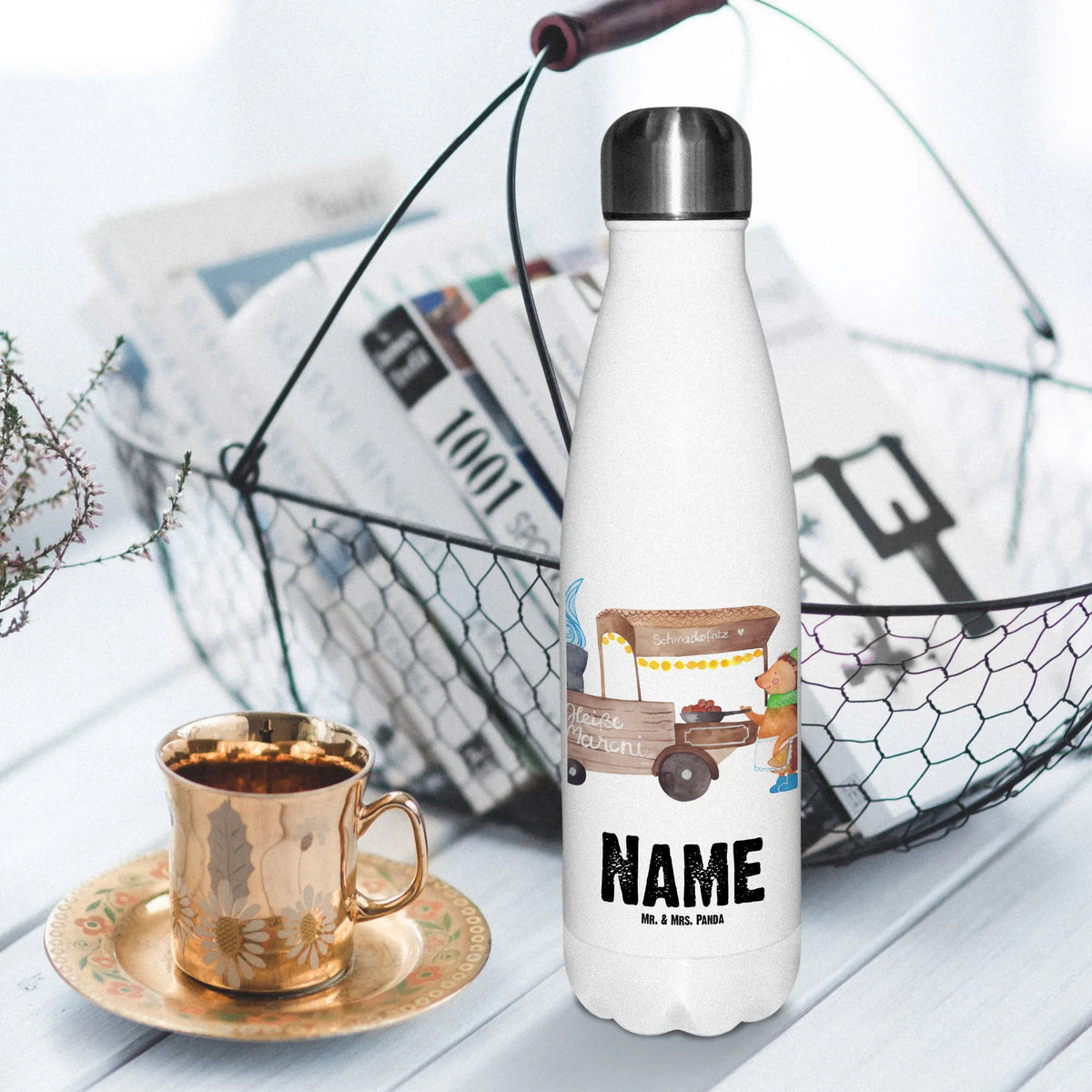 Personalised insulated bottle hedgehog Chestnuts Winter, Christmas, Christmas time, snow