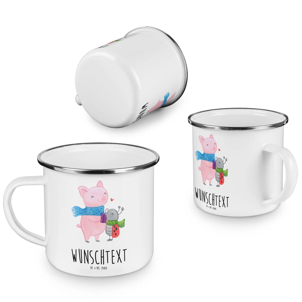 Personalised enamel cup Glow Pig Snuggle Winter, Christmas, Christmas time, snow