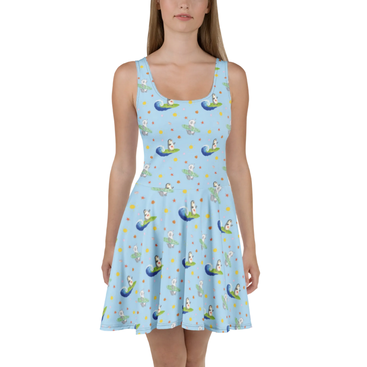 Sommerkleid Pinguin Surfer Muster Kurzes Kleid, Leichtes Sommerkleid, Jerseykleid, Freizeitkleid, Kleid, Skaterkleid, Luftiges Sommerkleid, Shirtkleid, Sommerkleid, Swingkleid, Stretchkleid, Damen-Sommerkleid, A-Linien-Kleid, Urlaubskleid, Damenkleid, Strandkleid, Ausgestelltes Kleid, Minikleid, Kurzes Sommerkleid, Pinguin, Portugal, Urlaub, Wellen Reiten, Surfer, Pinguine, Hawaii, Surfen, Wellen