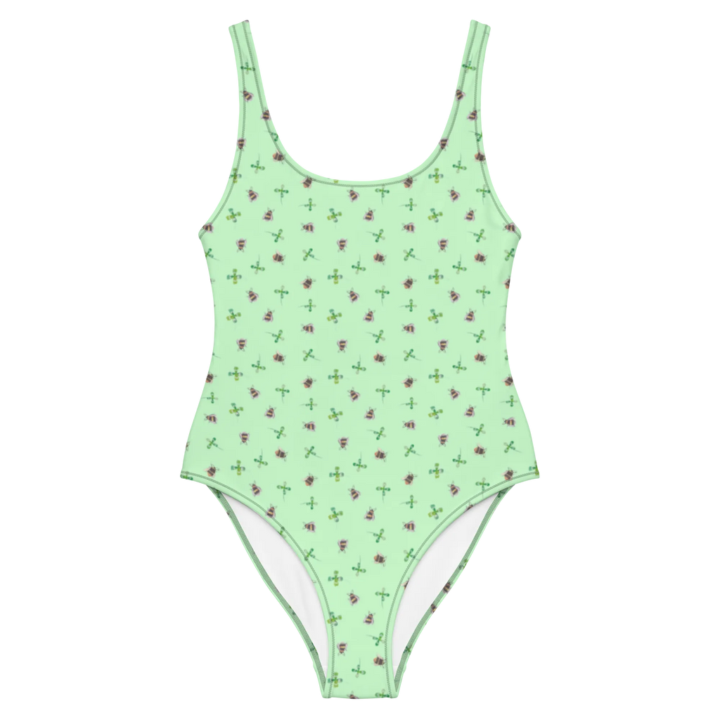 Badeanzug Hummeln Kleeblatt Muster Badebekleidung, Bademode, Rückenfreier Badeanzug, Luxus-Bademode, Swimsuit, Badeanzug, Tiermotive, Gute Laune, lustige Sprüche, Tiere, Biene, Hummel, Spruch positiv, glücklich werden, Spruch schön, Spruch fröhlich, glücklich sein, Biene Deko