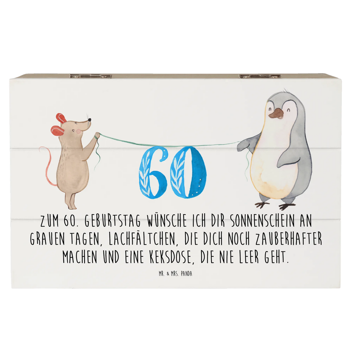 Skrzynia drewniana 60. urodziny Mysz Pingwin prezent, Urodziny, prezent urodzinowy