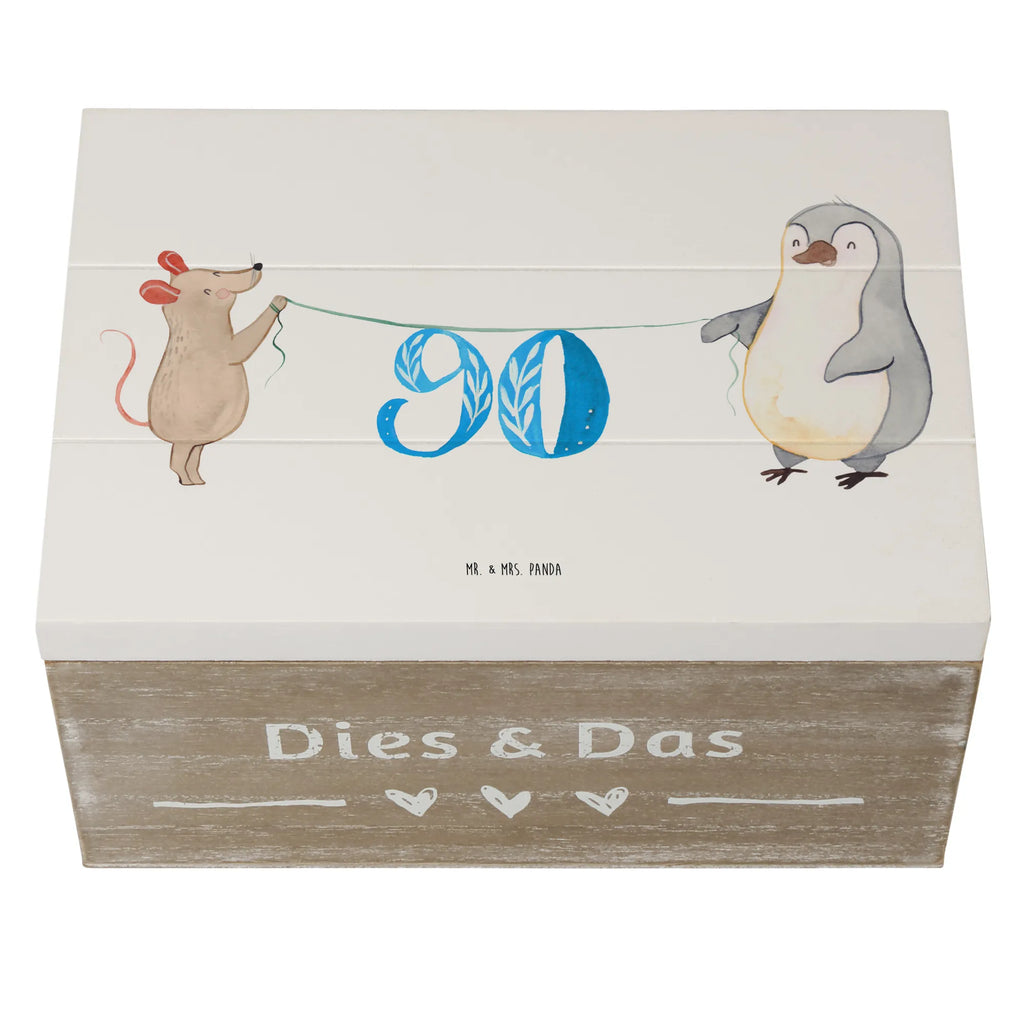 Holzkiste 90. Geburtstag Maus Pinguin Schatulle, Truhe, Geschenkdose, XXL, Kiste, Aufbewahrungsbox, Erinnerungskiste, Geschenkbox, Schatzkiste, Dekokiste, Erinnerungsbox, Holzkiste, Geburtstag, Geburtstagsgeschenk, Geschenk, Kuchen, Party, Torte, Feiern