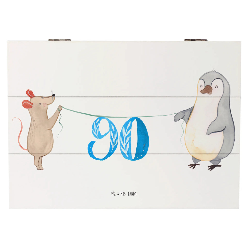 Holzkiste 90. Geburtstag Maus Pinguin Schatulle, Truhe, Geschenkdose, XXL, Kiste, Aufbewahrungsbox, Erinnerungskiste, Geschenkbox, Schatzkiste, Dekokiste, Erinnerungsbox, Holzkiste, Geburtstag, Geburtstagsgeschenk, Geschenk, Kuchen, Party, Torte, Feiern