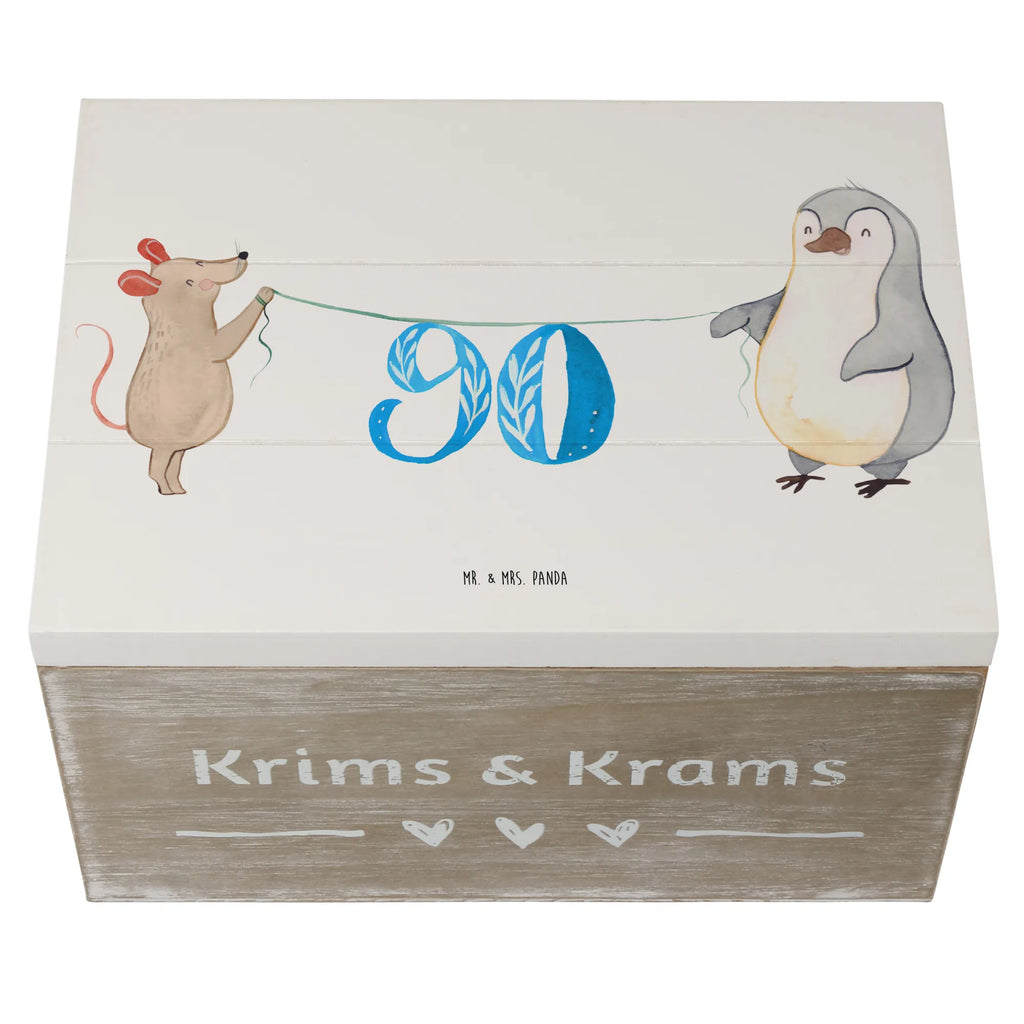 Holzkiste 90. Geburtstag Maus Pinguin Schatulle, Truhe, Geschenkdose, XXL, Kiste, Aufbewahrungsbox, Erinnerungskiste, Geschenkbox, Schatzkiste, Dekokiste, Erinnerungsbox, Holzkiste, Geburtstag, Geburtstagsgeschenk, Geschenk, Kuchen, Party, Torte, Feiern