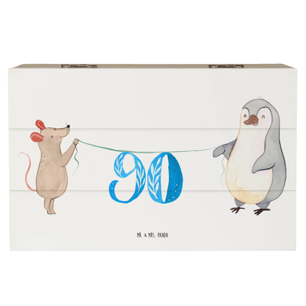 Holzkiste 90. Geburtstag Maus Pinguin Schatulle, Truhe, Geschenkdose, XXL, Kiste, Aufbewahrungsbox, Erinnerungskiste, Geschenkbox, Schatzkiste, Dekokiste, Erinnerungsbox, Holzkiste, Geburtstag, Geburtstagsgeschenk, Geschenk, Kuchen, Party, Torte, Feiern