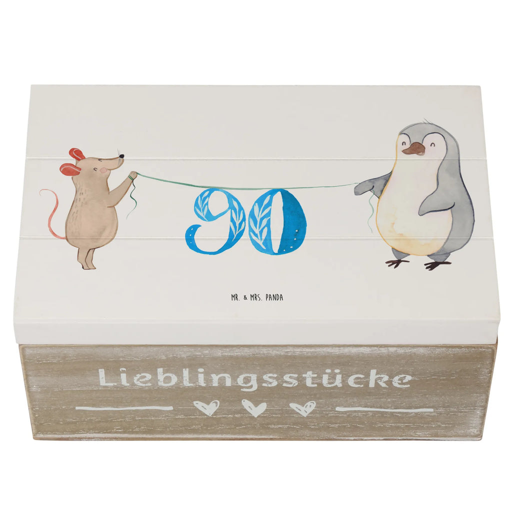 Holzkiste 90. Geburtstag Maus Pinguin Schatulle, Truhe, Geschenkdose, XXL, Kiste, Aufbewahrungsbox, Erinnerungskiste, Geschenkbox, Schatzkiste, Dekokiste, Erinnerungsbox, Holzkiste, Geburtstag, Geburtstagsgeschenk, Geschenk, Kuchen, Party, Torte, Feiern