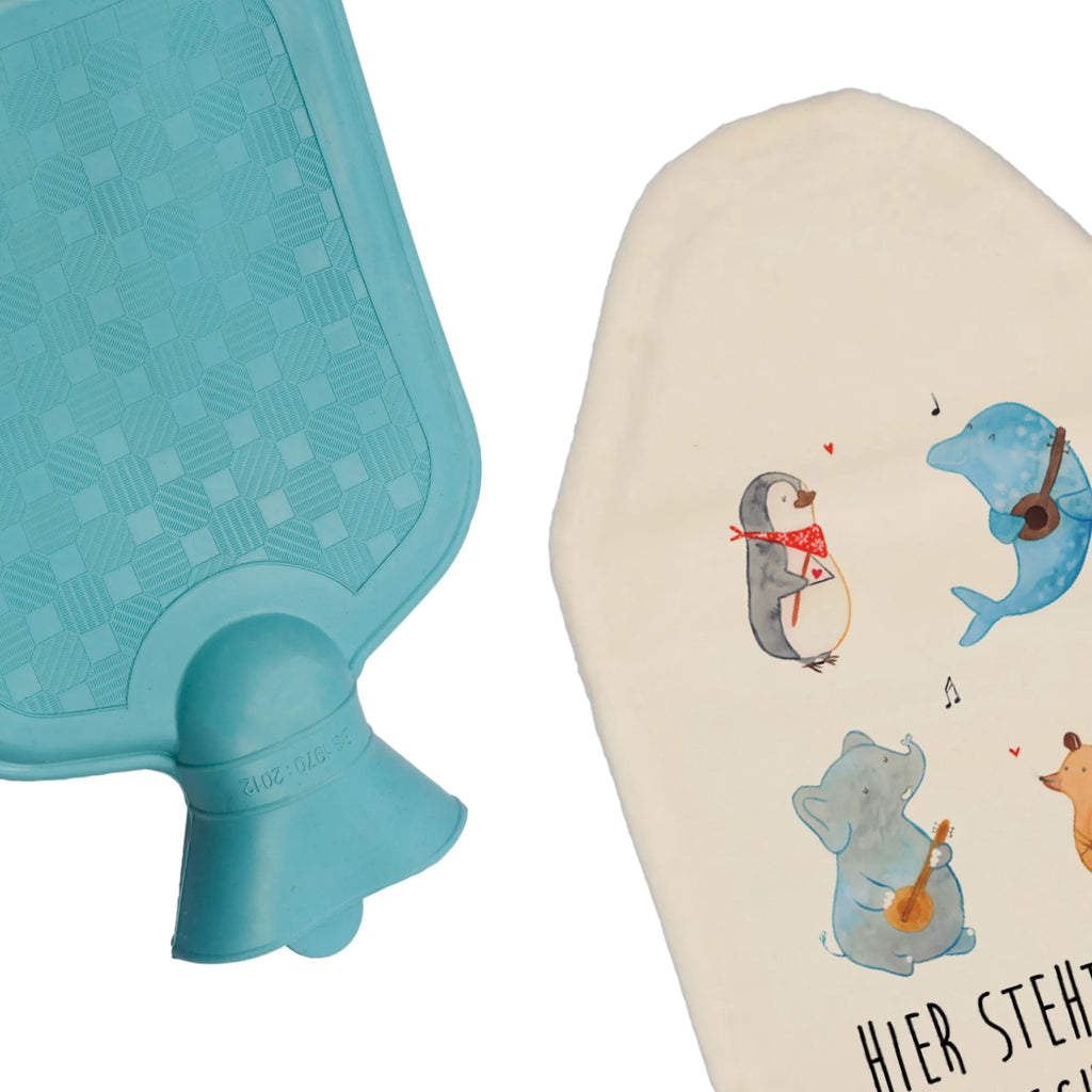 Personalised hot water bottle Big tape small animals, cute, funny, cute animal motives, hand drawn, small world, funny sayings, good mood, happy, gifts, gift ideas, special gifts, animal lover, card, penguin, band, elephant, guitar, dog, mouse, dolphin, musicians, triangle, music