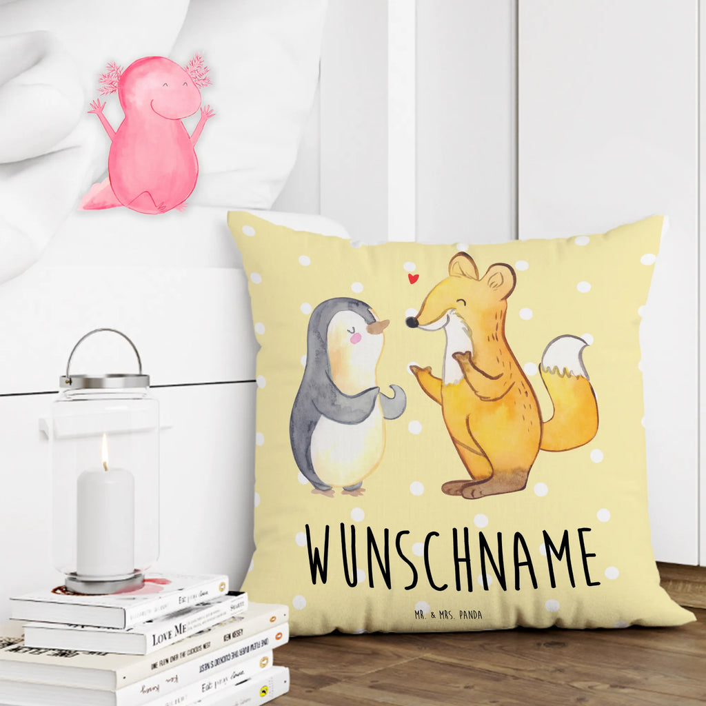 Personalised cushion Fox & Penguin deaf bedrucken, Wunschname, Kissen, personalisiert, Kopfkissen, Name, Fuchs, Gebärdensprache, Pinguin, gehörlos