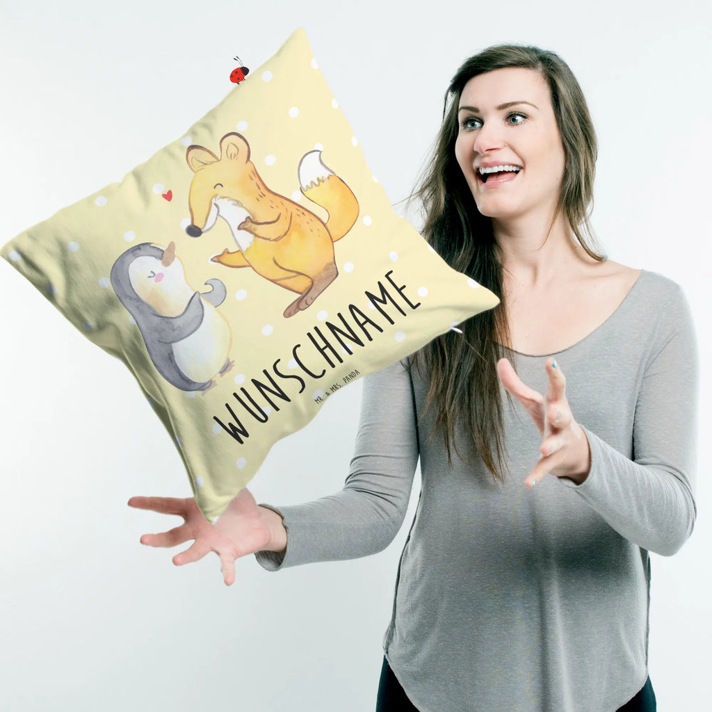 Personalised cushion Fox & Penguin deaf bedrucken, Wunschname, Kissen, personalisiert, Kopfkissen, Name, Fuchs, Gebärdensprache, Pinguin, gehörlos
