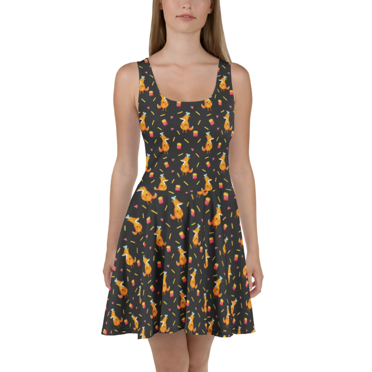 Sommerkleid Fuchs Pommes Muster Strandkleid, Stretchkleid, Freizeitkleid, Sommerkleid, Minikleid, Luftiges Sommerkleid, Kurzes Sommerkleid, Shirtkleid, Damenkleid, Ausgestelltes Kleid, A-Linien-Kleid, Skaterkleid, Damen-Sommerkleid, Kleid, Urlaubskleid, Swingkleid, Jerseykleid, Leichtes Sommerkleid, Kurzes Kleid, Fuchs, Pomes Frites, Fuchs Muster, Pommes, Pommes Muster