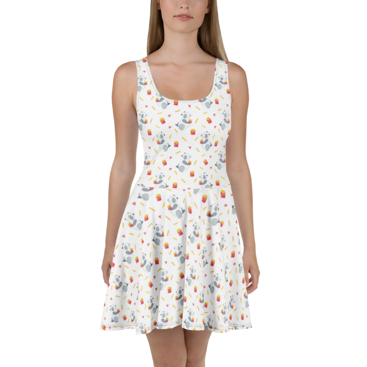 Sommerkleid Panda Pommes Muster Shirtkleid, Skaterkleid, Minikleid, A-Linien-Kleid, Swingkleid, Damen-Sommerkleid, Strandkleid, Kleid, Urlaubskleid, Kurzes Sommerkleid, Kurzes Kleid, Jerseykleid, Damenkleid, Freizeitkleid, Leichtes Sommerkleid, Luftiges Sommerkleid, Sommerkleid, Ausgestelltes Kleid, Stretchkleid, Panda, Pommes Muster, Pommes, Panda Muster