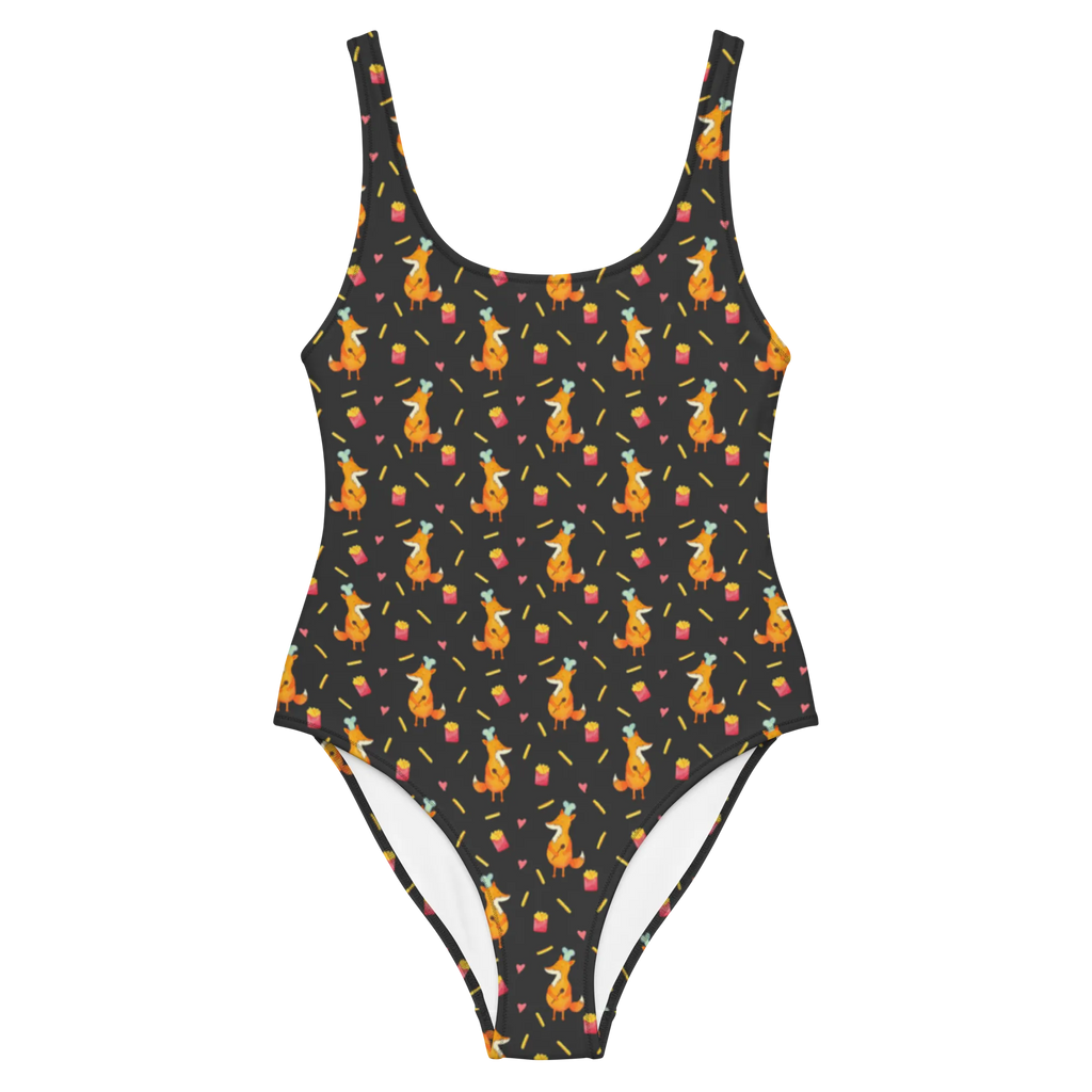 Swimsuit Fox Fries Rückenfreier Badeanzug, Badebekleidung, Luxus-Bademode, Swimsuit, Badeanzug, Bademode, Fuchs, Fuchs Muster, Pommes, Pomes Frites, Pommes Muster