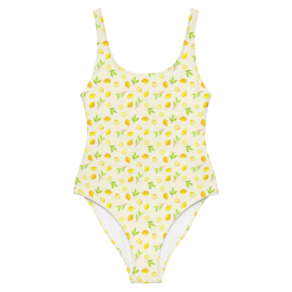 Badeanzug Frische Zitronen Muster Rückenfreier Badeanzug, Swimsuit, Badebekleidung, Luxus-Bademode, Bademode, Badeanzug, Zitrone, Zitronen Muster, Zitrusfrüchte Muster