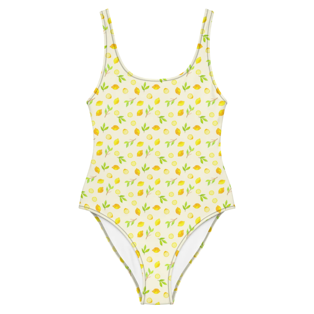 Badeanzug Frische Zitronen Muster Rückenfreier Badeanzug, Swimsuit, Badebekleidung, Luxus-Bademode, Bademode, Badeanzug, Zitrone, Zitronen Muster, Zitrusfrüchte Muster