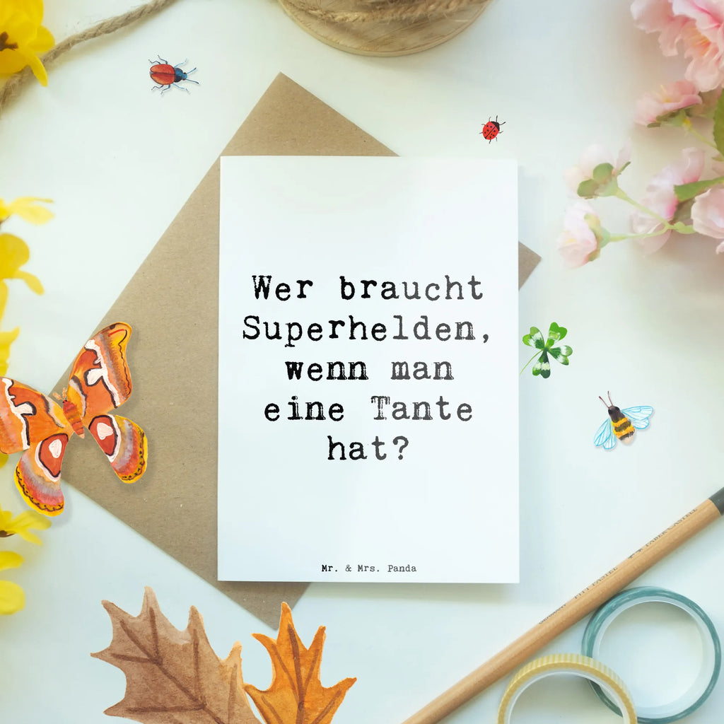 Greetings card Saying Wer braucht Superhelden, wenn man eine Tante hat? Grußkarte, Klappkarte, Einladungskarte, Glückwunschkarte, Hochzeitskarte, Geburtstagskarte, Karte, Ansichtskarten, Familie, Vatertag, Muttertag, Bruder, Schwester, Mama, Papa, Oma, Opa