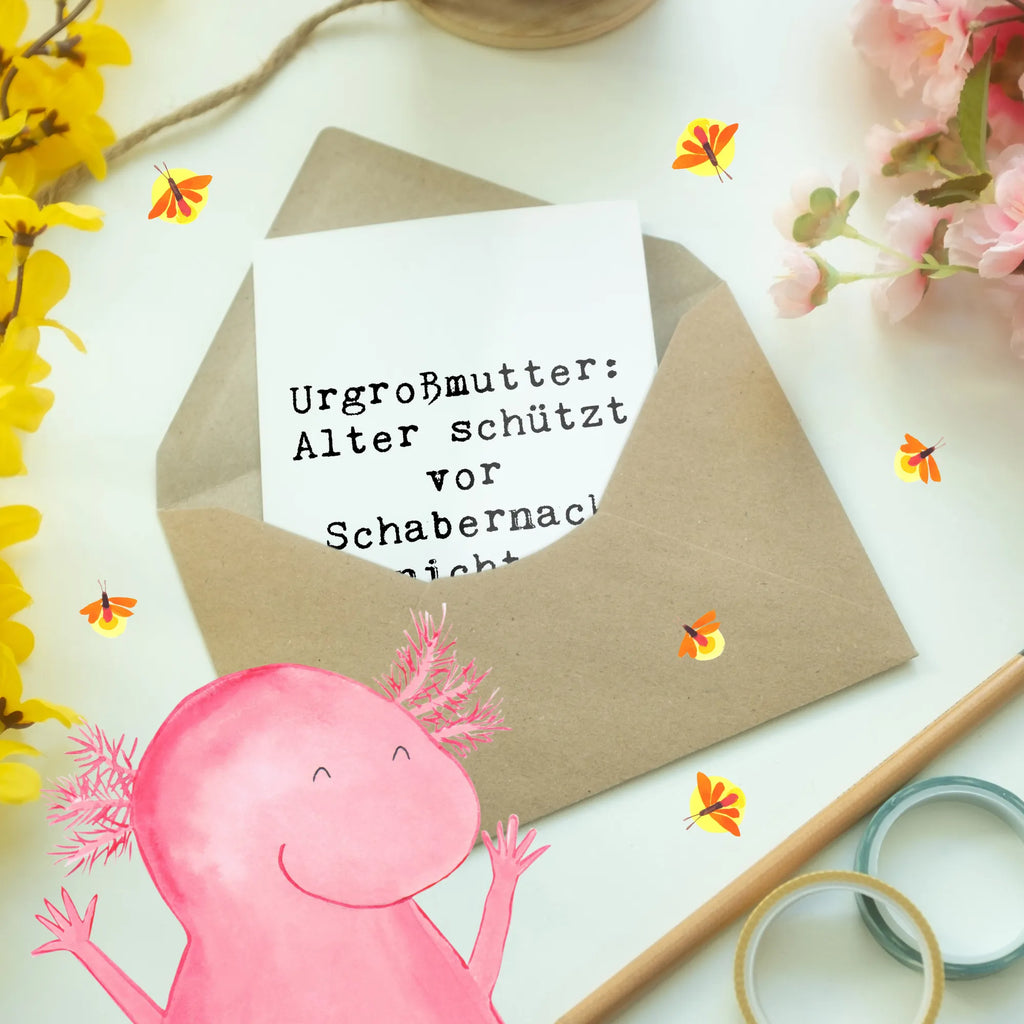 Greetings card Saying Urgroßmutter: Alter schützt vor Schabernack nicht. Grußkarte, Klappkarte, Glückwunschkarte, Karte, Einladungskarte, Hochzeitskarte, Geburtstagskarte, Ansichtskarten, Familie, Vatertag, Muttertag, Bruder, Schwester, Mama, Papa, Oma, Opa