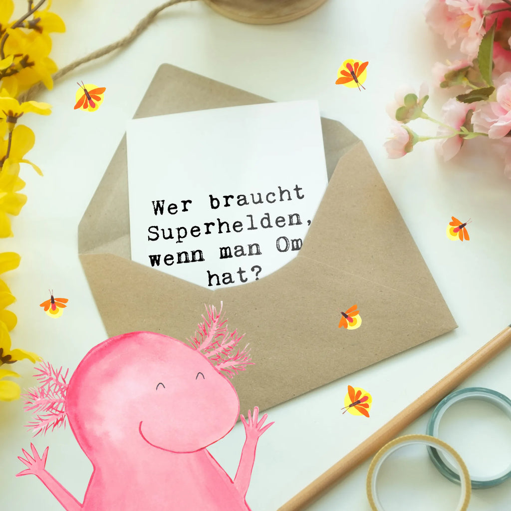 Greetings card Saying Wer braucht Superhelden, wenn man Oma hat? Grußkarte, Klappkarte, Einladungskarte, Glückwunschkarte, Hochzeitskarte, Geburtstagskarte, Karte, Ansichtskarten, Familie, Vatertag, Muttertag, Bruder, Schwester, Mama, Papa, Oma, Opa