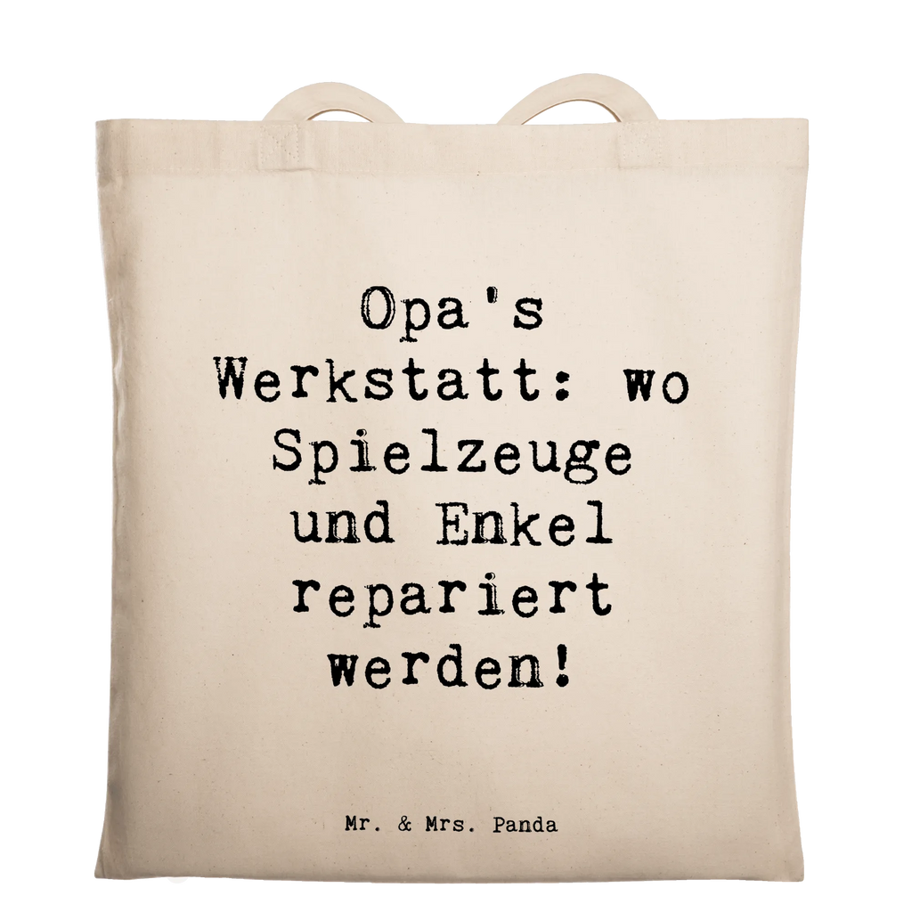 Tote bag Saying Opa's Werkstatt: wo Spielzeuge und Enkel repariert werden! Beuteltasche, Beutel, Einkaufstasche, Jutebeutel, Stoffbeutel, Tasche, Shopper, Umhängetasche, Strandtasche, Schultertasche, Stofftasche, Tragetasche, Badetasche, Jutetasche, Einkaufstüte, Laptoptasche, Familie, Vatertag, Muttertag, Bruder, Schwester, Mama, Papa, Oma, Opa