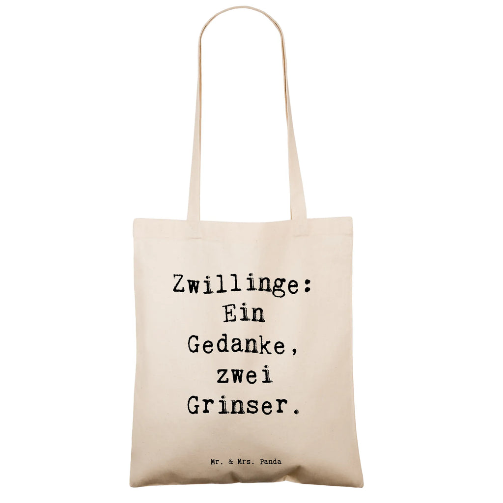 Tote bag Saying Zwillinge: Ein Gedanke, zwei Grinser. Beuteltasche, Beutel, Einkaufstasche, Jutebeutel, Stoffbeutel, Tasche, Shopper, Umhängetasche, Strandtasche, Schultertasche, Stofftasche, Tragetasche, Badetasche, Jutetasche, Einkaufstüte, Laptoptasche, Familie, Vatertag, Muttertag, Bruder, Schwester, Mama, Papa, Oma, Opa