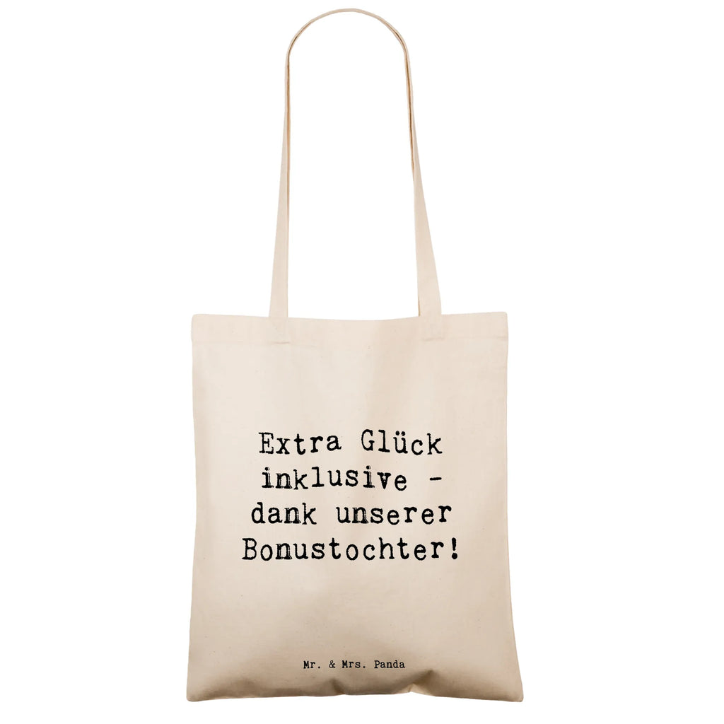 Tote bag Saying Extra Glück inklusive - dank unserer Bonustochter! Beuteltasche, Beutel, Einkaufstasche, Jutebeutel, Stoffbeutel, Tasche, Shopper, Umhängetasche, Strandtasche, Schultertasche, Stofftasche, Tragetasche, Badetasche, Jutetasche, Einkaufstüte, Laptoptasche, Familie, Vatertag, Muttertag, Bruder, Schwester, Mama, Papa, Oma, Opa