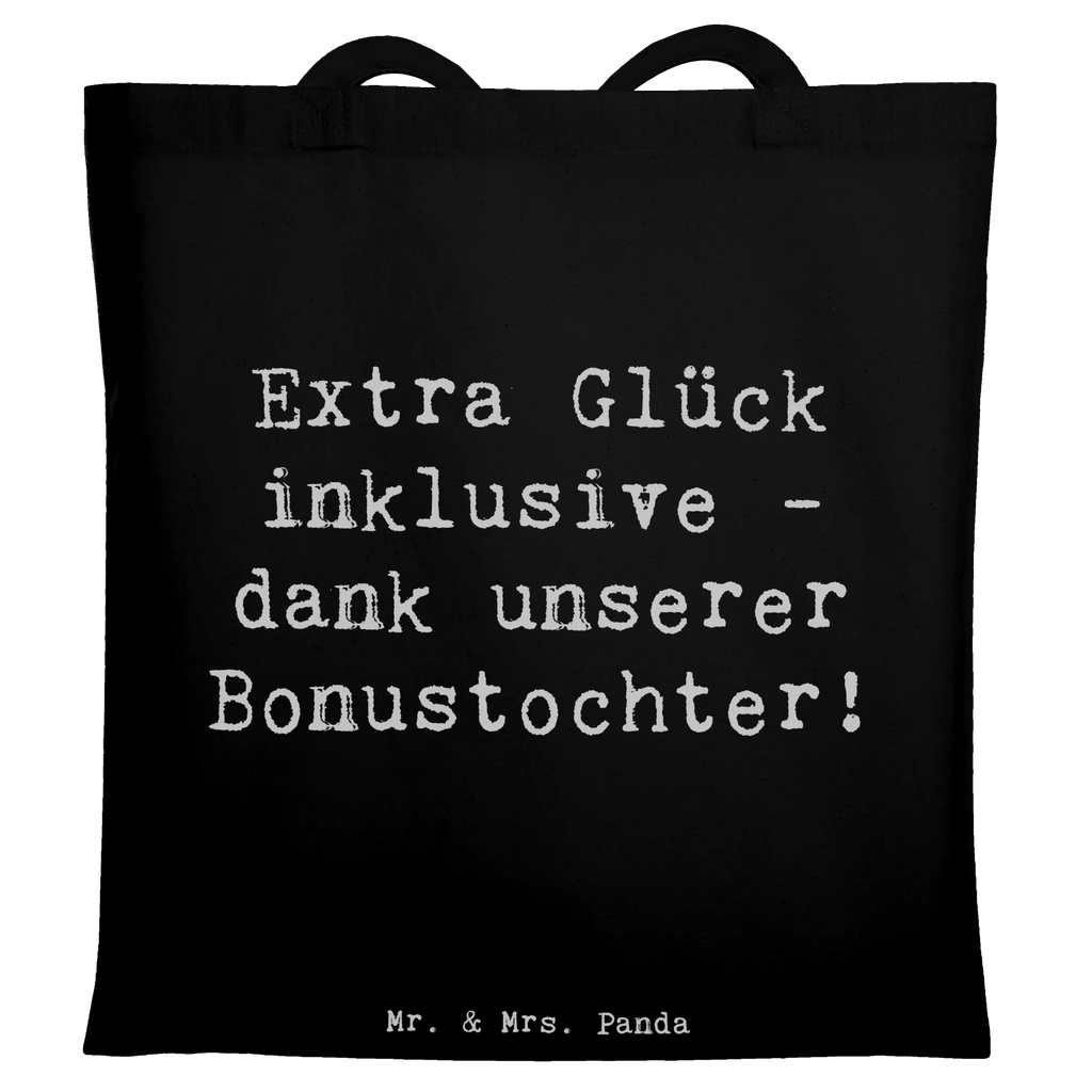 Tote bag Saying Extra Glück inklusive - dank unserer Bonustochter! Beuteltasche, Beutel, Einkaufstasche, Jutebeutel, Stoffbeutel, Tasche, Shopper, Umhängetasche, Strandtasche, Schultertasche, Stofftasche, Tragetasche, Badetasche, Jutetasche, Einkaufstüte, Laptoptasche, Familie, Vatertag, Muttertag, Bruder, Schwester, Mama, Papa, Oma, Opa