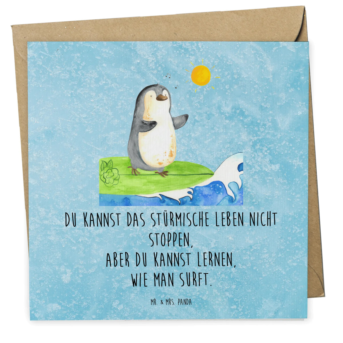 Deluxe Karte Pinguin Surfer faltkarte, Klappkarte, doppelkarte, anlasskarte, Glückwunschkarte, Grußkarte, Pinguin, Portugal, Pinguine, Hawaii, Wellen Reiten, Surfer, Wellen, Urlaub, Surfen