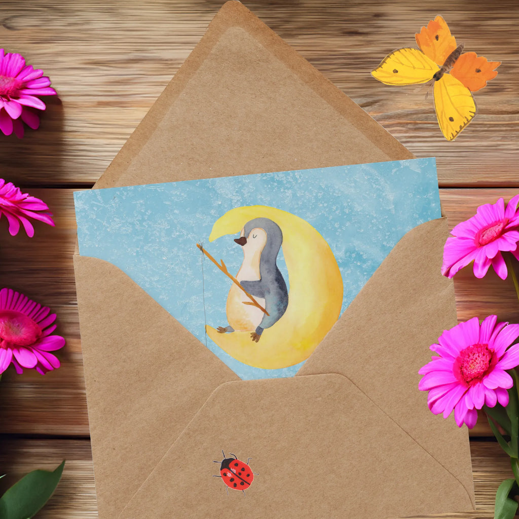 Deluxe Karte Pinguin Mond doppelkarte, Grußkarte, faltkarte, anlasskarte, Glückwunschkarte, Klappkarte, Pinguin, Gästezimmer, Pinguine, Einschlafen, schlafen, Schlafstörungen, Schlafzimmer, Spruch, Nachtruhe