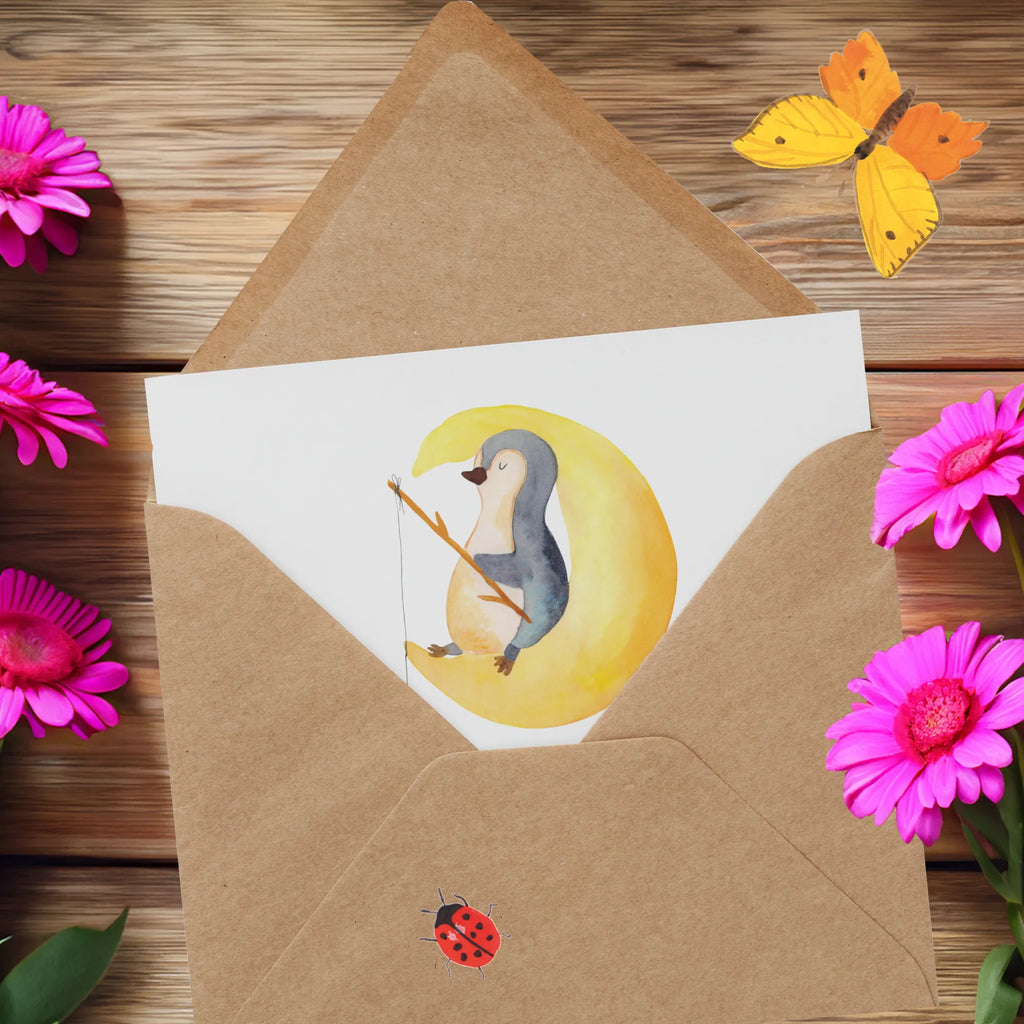 Deluxe Karte Pinguin Mond doppelkarte, Grußkarte, faltkarte, anlasskarte, Glückwunschkarte, Klappkarte, Pinguin, Gästezimmer, Pinguine, Einschlafen, schlafen, Schlafstörungen, Schlafzimmer, Spruch, Nachtruhe