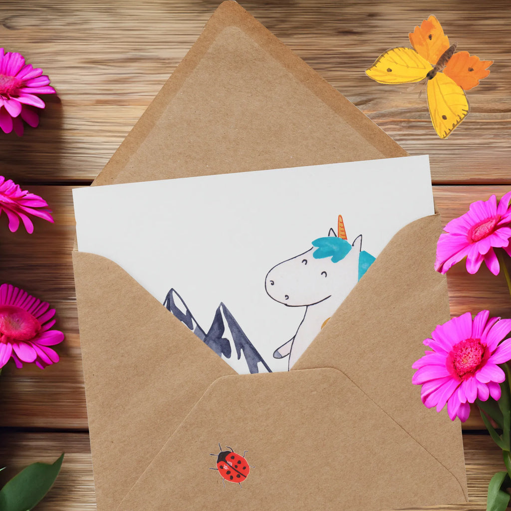 Deluxe Karte Einhorn Bergsteiger Glückwunschkarte, Hochwertige Grußkarte, Hochwertige Klappkarte, Klappkarte, Karte, Einladungskarte, Geburtstagskarte, Grußkarte, Hochzeitskarte, Einhorn, Einhörner, Einhorn Deko, Unicorn, Entdecker, Urlaub, Weltenbummler, Berge, Bergsteiger, Reisen, Abenteuer, Weltreise, Abenteurer