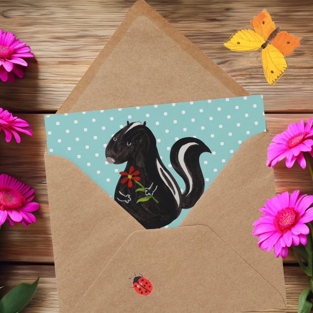 Deluxe Card skunk flower Glückwunschkarte, Grußkarte, Klappkarte, anlasskarte, faltkarte, doppelkarte, Stinktier, Skunk, Stinker, Tagträumer, Dreams, Wildtier, Träume, Stinki, Verträumt, Raubtier