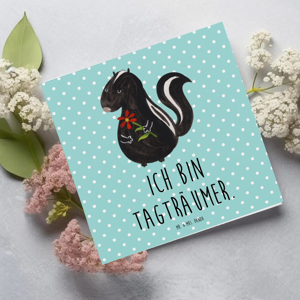 Deluxe Card skunk flower Glückwunschkarte, Grußkarte, Klappkarte, anlasskarte, faltkarte, doppelkarte, Stinktier, Skunk, Stinker, Tagträumer, Dreams, Wildtier, Träume, Stinki, Verträumt, Raubtier