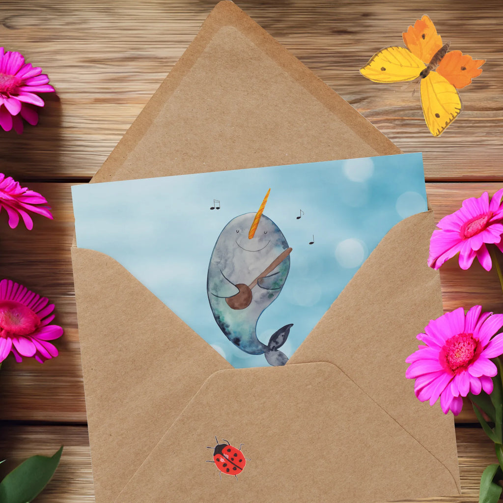 Deluxe Card narwhal guitar anlasskarte, Glückwunschkarte, Klappkarte, doppelkarte, Grußkarte, faltkarte, Urlaub, Meerestiere, Meer, Wal, Tanzen, Probleme, Problemlösung, Gespräche, Narwal, Gitarre, Frust