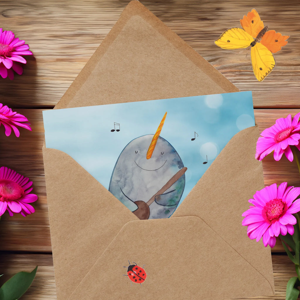 Deluxe Card narwhal guitar anlasskarte, Glückwunschkarte, Klappkarte, doppelkarte, Grußkarte, faltkarte, Urlaub, Meerestiere, Meer, Wal, Tanzen, Probleme, Problemlösung, Gespräche, Narwal, Gitarre, Frust